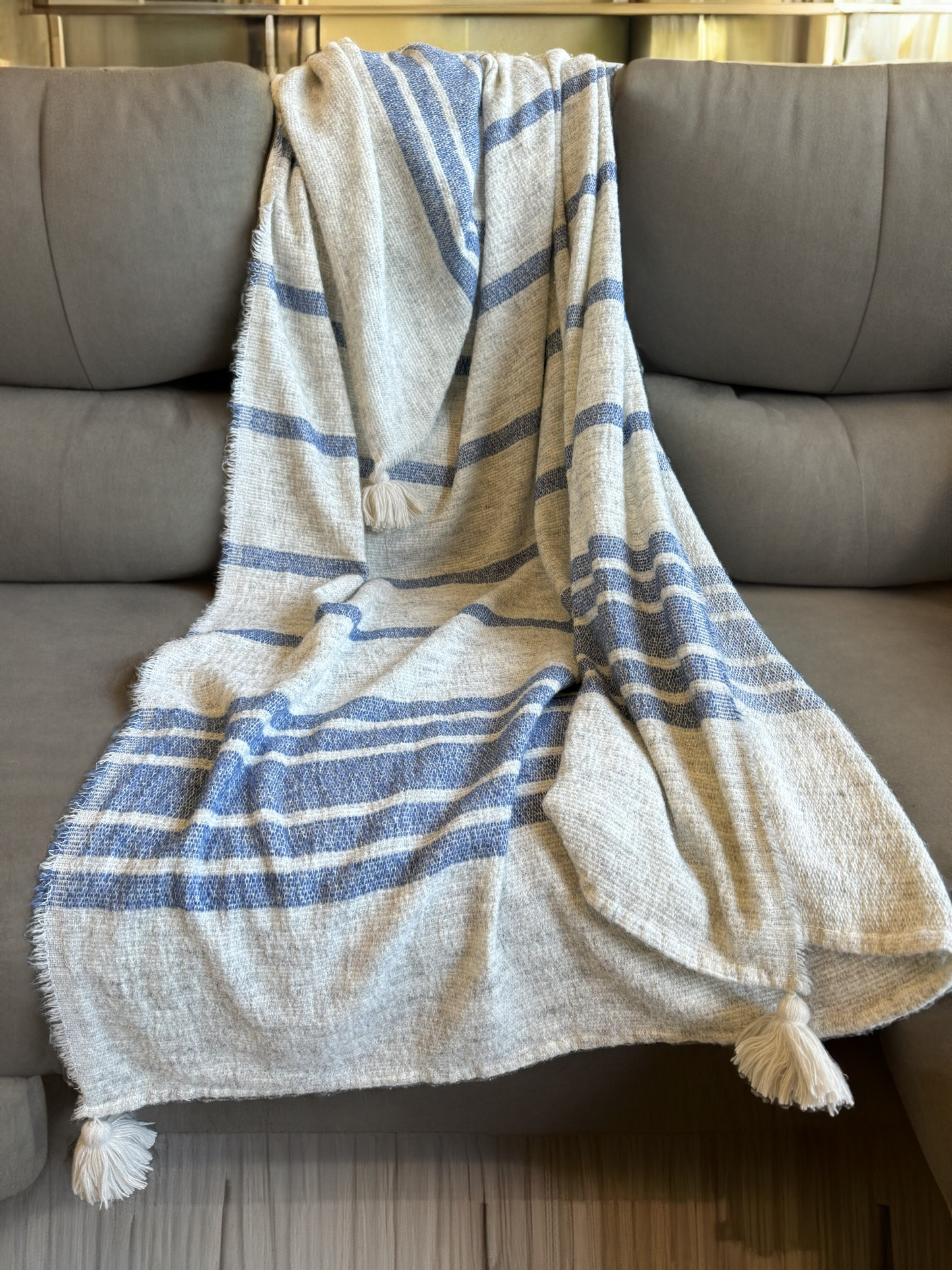 Tassel Wool Throw (Blue Stripe)