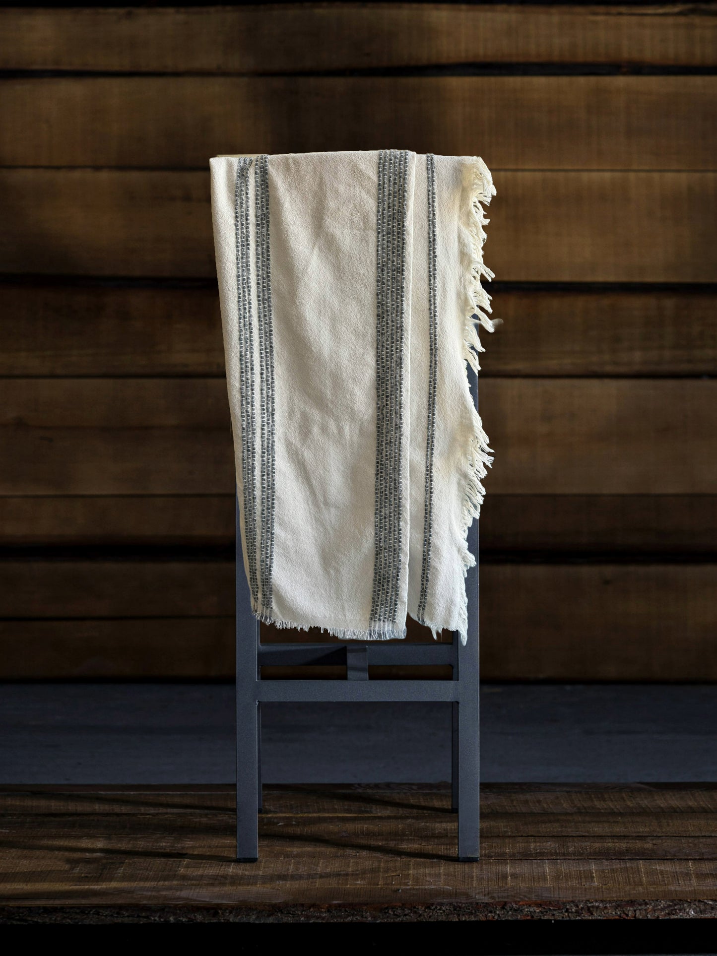 Grey Stripe Fringe Cotton Blend Throw
