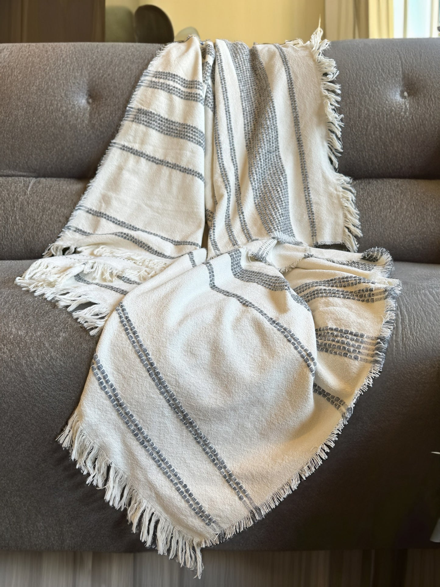 Grey Stripe Fringe Cotton Blend Throw